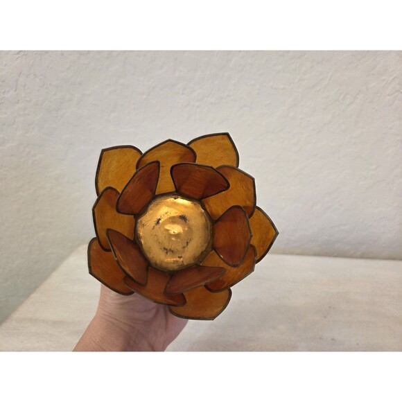 Vintage Capiz Shell Lotus Flower Burnt Orange with Brass Accent Candle Holder - Picture 5 of 12